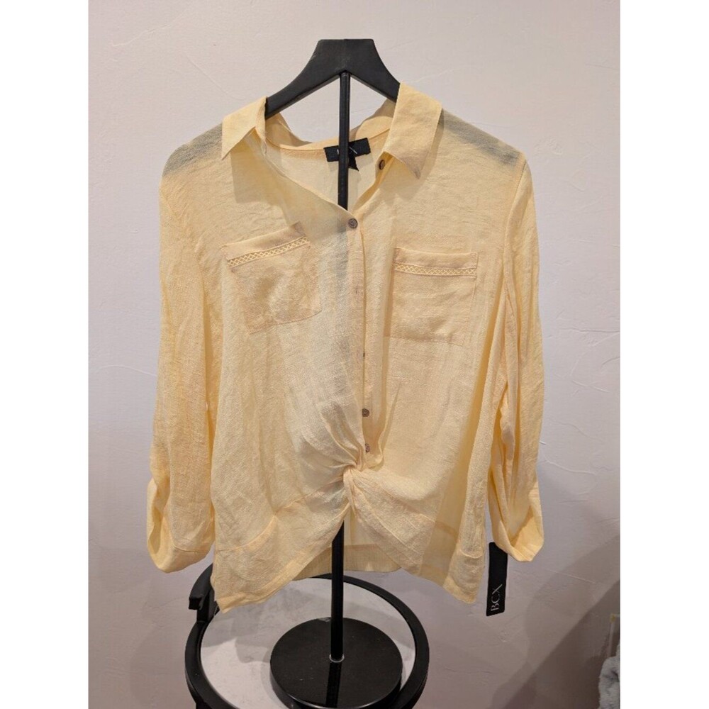 BCX • Lace‑Trim Twist‑Front Button Blouse • Soft Yellow • Size L • NWT
